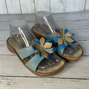 Naot Shades of Blue and Beige Leather Flower Embellished Slide Sandals